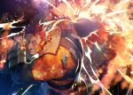  1boy ass bara blue_eyes bodysuit boku_no_hero_academia endeavor_(boku_no_hero_academia) explosion eye_trail fingerless_gloves fire flame furikakepappa gauntlets gloves glowing happy_birthday light_trail looking_to_the_side male_focus manly mature_male mouth_trail muscular muscular_male red_hair revision scar scar_across_eye short_hair solo sparkling_eyes spiked_hair teeth tight_clothes upper_body 