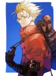  1boy blonde_hair brown_bag closed_mouth coat earrings green_eyes highres imoimotaru10 jewelry mole mole_under_eye red_coat ring single_earring solo sunglasses trigun vash_the_stampede 