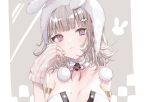  1girl animal_ears animal_hood animal_print bare_shoulders beyo_(adnw2354) breasts brown_hair cleavage danganronpa_(series) danganronpa_2:_goodbye_despair detached_collar fake_animal_ears flipped_hair frown galaga hair_ornament hand_up hood large_breasts leotard medium_hair mole mole_on_breast nanami_chiaki official_alternate_costume pink_eyes playboy_bunny rabbit_hood rabbit_print solo strapless strapless_leotard white_leotard 