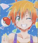  1girl bangs blush collarbone diamond_(shape) green_eyes misty_(pokemon) nail_polish one_eye_closed orange_hair orange_shirt parted_bangs poke_ball poke_ball_(basic) pokemon shikishi shirt short_hair side_ponytail smile suspenders teeth throwing_poke_ball tina_(pixiv37050289) traditional_media upper_body 