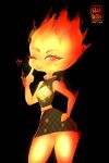  2023 blush breasts clothed clothing digital_media_(artwork) disney dress elemental_(pixar) elemental_creature elemental_humanoid ember_lumen female fire fire_creature fire_humanoid flaming_hair genitals hi_res humanoid looking_at_viewer nipples not_furry open_clothing open_dress pixar pseudo_hair pussy rin_tyan short_dress simple_background smile smirk solo standing 