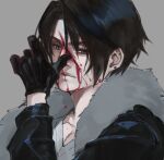  1boy black_gloves black_jacket bleeding blood blood_on_face blue_eyes brown_hair earrings expressionless final_fantasy final_fantasy_viii fur-trimmed_jacket fur_trim gloves hand_to_own_face injury jacket jewelry male_focus nini_tw99 scar scar_on_face shirt short_hair simple_background solo squall_leonhart stud_earrings v-neck white_shirt 