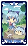  1girl blue_bow blue_eyes blue_hair blue_sky bow cirno cliff cloud colonel_aki day dress food hair_bow heart holding holding_food holding_popsicle ice ice_wings mountainous_horizon neck_ribbon outdoors paper pinafore_dress popsicle ribbon shirt short_hair sidelocks sky sleeveless sleeveless_dress tarot_(medium) the_fool_(tarot) tongue tongue_out touhou walking white_shirt wings yukkuri_shiteitte_ne 