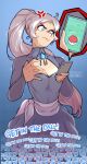  1girl anger_vein blue_eyes breasts cleavage closed_mouth cowboy_shot earrings english_text gem grey_hair haysey highres holding holding_phone jewelry long_sleeves medium_breasts phone pokemon pokemon_(game) pokemon_go ponytail rwby speech_bubble weiss_schnee 