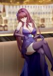  1girl absurdres akilv bar_(place) bar_stool blurry blurry_background breasts choker cleavage closed_mouth cocktail_glass commentary crossed_legs cup dress drink drinking_glass elbow_gloves fate/grand_order fate_(series) flower food fruit gloves hair_between_eyes hair_flower hair_ornament highres holding holding_cup indoors large_breasts lemon lemon_slice lips long_hair looking_at_viewer purple_dress purple_flower purple_gloves purple_hair purple_thighhighs red_eyes revision scathach_(fate) scathach_(formal_dress)_(fate) sidelocks smile solo stool thighhighs 
