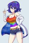  1girl alternate_costume aohadapeach belt blue_eyes blue_hair breasts casual cleavage commentary denim denim_shorts english_commentary grey_background hair_between_eyes highres jacket large_breasts looking_at_viewer multicolored_hairband multicolored_shirt pointing pointing_down pointing_up short_hair shorts simple_background sky_print smile solo tenkyuu_chimata touhou white_jacket 