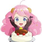  1girl ahoge animal_ears asymmetrical_bangs bell birthday birthday_cake black_gloves blue_eyes blush cake commentary_request curly_hair dress food fruit gloves hands_on_own_cheeks hands_on_own_face hands_up happy happy_birthday highres horns koneko2000 long_hair looking_at_viewer moa_(show_by_rock!!) open_mouth pink_dress pink_hair plate portrait puffy_short_sleeves puffy_sleeves sheep_ears sheep_girl sheep_horns short_sleeves show_by_rock!! simple_background solo strawberry tongue tongue_out whipped_cream white_background 