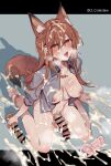  1girl absurdres after_masturbation animal_ear_fluff animal_ears arknights artificial_vagina bar_censor blush breasts brown_hair censored cum cum_on_body cum_on_breasts cum_on_hair cum_on_legs cum_on_penis cum_on_self dildo excessive_cum facial fox_ears fox_girl fox_tail franka_(arknights) full_body futanari hair_between_eyes highres holding holding_sex_toy long_hair looking_at_viewer medium_breasts mirin_chikuwa naked_shirt nipples open_clothes open_mouth open_shirt penis sex_toy shirt sitting solo tail tearing_up testicles tongue tongue_out wariza 