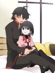  1boy 1girl :d ahoge araragi_koyomi arm_between_legs arms_around_waist bed bed_sheet bedroom black_eyes black_gloves black_hair black_jacket black_necktie black_pants black_pantyhose black_shirt black_undershirt blush blush_stickers bob_cut breasts closed_eyes collaboration colored_skin commentary empty_eyes expressionless feet_out_of_frame front_to_back gakuran gloves grey_skirt hair_over_eyes hair_over_one_eye hammer_(sunset_beach) hand_on_another&#039;s_hand headboard hetero highres hug hug_from_behind jacket juliet_sleeves knees_together_feet_apart knees_up long_sleeves looking_at_viewer monogatari_(series) naoetsu_high_school_uniform necktie no_shoes on_bed open_mouth oshino_ougi pale_skin pants pantyhose parted_lips pink_shirt pleated_skirt puffy_sleeves school_uniform second-party_source shirt short_hair shoutai_(mtj5n) sitting skirt small_breasts smile spooning surprised turning_head turtleneck white_skin window 