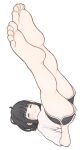  1girl 1ssakawaguchi =_= barefoot black_hair black_shorts blunt_bangs blush bob_cut closed_eyes closed_mouth dolphin_shorts feet from_above full_body highres ichika_(1ssakawaguchi) legs legs_up original plantar_flexion shirt short_hair short_shorts short_sleeves shorts simple_background soles solo stretching t-shirt thighs toes white_background white_shirt 