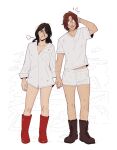  1girl 1other androgynous arm_behind_head black_eyes black_footwear black_hair boots boxers breasts brown_hair cleavage dirty dirty_clothes glasses hange_zoe hanpetos height_difference holding_hands male_underwear medium_breasts opaque_glasses pieck_finger red_footwear shingeki_no_kyojin shirt t-shirt underwear wristband 