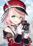  1girl :d aqua_eyes blurry blurry_background blush cabbie_hat capriccio charlotte_(genshin_impact) commentary_request depth_of_field feathers genshin_impact gloves hands_up hat hat_feather high-waist_skirt holding jacket long_sleeves looking_at_viewer monocle off_shoulder open_clothes open_jacket pink_hair red_headwear red_jacket red_skirt shirt skirt sleeveless sleeveless_shirt sleeves_past_wrists smile solo suspender_skirt suspenders teeth upper_body upper_teeth_only white_feathers white_gloves white_shirt 