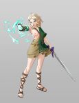  1girl blonde_hair breasts cosplay english_commentary full_body gameplay_mechanics gladiator_sandals green_eyes green_tunic grey_background hair_ornament hairclip highres holding holding_sword holding_weapon link link_(cosplay) master_sword medium_breasts nipples one_breast_out open_mouth parted_bangs pomelomelon princess_zelda sandals short_hair simple_background single_bare_shoulder solo sword teardrop_facial_mark the_legend_of_zelda the_legend_of_zelda:_tears_of_the_kingdom toes weapon 