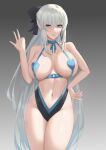  1girl absurdres bare_shoulders bikini black_bikini black_bow blue_bikini blue_eyes bow braid breasts collarbone fate/grand_order fate_(series) freed_turing french_braid grey_hair hair_bow highleg highleg_bikini highres large_breasts long_hair looking_at_viewer mismatched_bikini morgan_le_fay_(fate) navel ponytail sidelocks solo swimsuit thighs very_long_hair 
