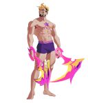  1boy abs barefoot beard blonde_hair collarbone draven facial_hair full_body grin highres holding holding_weapon league_of_legends looking_at_viewer male_focus male_underwear muscular muscular_male navel purple_male_underwear simple_background smile solo soul_fighter_draven standing star_(symbol) star_print star_tattoo stomach tattoo teeth underwear underwear_only weapon white_background zen_(ceng84539076) 