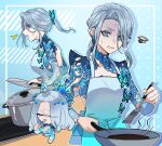  1girl absurdres alternate_hairstyle apron blue_background blue_eyes blue_hair blue_nails breasts butterfly_hair_ornament butterfly_ornament closed_eyes collarbone cooking cooking_pot hair_ornament highres holding holding_knife holding_pan holding_spatula indie_virtual_youtuber knife large_breasts long_hair mituki841 monarch_(amalee) multiple_views nervous_sweating open_mouth ponytail second-party_source shaded_face spatula steam stove sweat utensil_in_mouth virtual_youtuber 