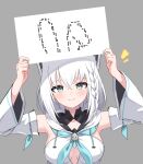  1girl ^^^ animal_ears arms_up blue_neckerchief braid breasts cleavage_cutout clothing_cutout commentary_request detached_sleeves fox_ears fox_girl gomrang grey_background hands_up highres holding holding_sign hololive looking_at_viewer medium_breasts meme neckerchief ribbon-trimmed_sleeves ribbon_trim shirakami_fubuki shirakami_fubuki_(1st_costume) side_braid sign simple_background single_braid smile solo straight-on twitter_rabbit_ears_(meme) upper_body virtual_youtuber white_hair wide_sleeves 