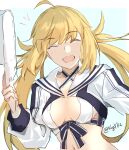  1girl ahoge artoria_caster_(fate) artoria_caster_(swimsuit)_(fate) artoria_pendragon_(fate) baseball_cap bikini black_ribbon blonde_hair breasts closed_eyes criss-cross_halter cropped_jacket fate/grand_order fate_(series) halterneck hand_up hat headwear_removed highres holding holding_clothes holding_hat jacket light_blush long_hair long_sleeves navel open_mouth ribbon simple_background small_breasts smile solo striped striped_jacket striped_ribbon swimsuit twintails twitter_username upper_body white_background white_bikini white_headwear white_jacket ymgyk2 