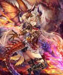  1girl ahoge black_gloves copyright_name dragon dragon_girl dragon_horns dragon_tail dragon_wings fang from_side gloves hair_between_eyes highres holding holding_sword holding_weapon horns light_brown_hair long_hair looking_at_viewer madogawa official_art pointy_ears shadowverse solo standing sword tail twintails weapon wings yellow_eyes 