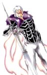  absurdres arm_at_side armor bleach colored_sclera energy_wings evil_smile facial_mark fur_collar ginjou_kuugo hair_between_eyes highres holding holding_sword holding_weapon ken&#039;ichi_(ken1ro_u) looking_at_viewer open_mouth pink_sclera purple_fur skull smile sword teeth weapon white_background white_eyes white_fur white_hair zweihander 