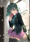  1girl argyle argyle_shirt arm_support bamboo black_jacket black_shirt black_thighhighs blurry book braid carchet closed_mouth copyright_notice cowboy_shot cropped_jacket depth_of_field falling_petals green_eyes green_hair holding holding_book indoors jacket leaning_back long_hair long_sleeves looking_at_viewer official_art petals pleated_skirt purple_skirt shirt sid_story single_braid skirt smile solo standing thighhighs tree window wispy_bangs 