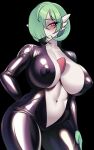  1girl arm_behind_back black_background black_bodysuit blush bob_cut bodysuit breasts bright_pupils center_opening closed_mouth collarbone colored_skin commentary covered_nipples cowboy_shot english_commentary gardevoir green_hair green_skin hair_over_one_eye half-closed_eyes hand_on_own_thigh happy highres huge_breasts long_sleeves looking_at_viewer multicolored_skin navel one_eye_covered open_bodysuit open_clothes pokemon pokemon_(creature) red_eyes shiny_clothes short_hair simple_background smile solo standing stomach thick_thighs thighs two-tone_skin white_pupils white_skin wide_hips zwei_(saedelaere) 