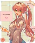  1girl bandaid blazer blue_skirt blush border brown_hair commentary doki_doki_literature_club english_text from_side glitch green_eyes haha100409 hair_between_eyes hair_ribbon high_ponytail jacket long_hair looking_to_the_side monika_(doki_doki_literature_club) on_computer open_mouth outline paper red_ribbon ribbon school_uniform sidelocks sketch skirt solo symbol-only_commentary v very_long_hair video_game white_border white_outline white_ribbon window_(computing) 