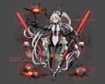  1girl abyssal_ship black_necktie breasts character_name claws colored_skin commentary_request enemy_aircraft_(kancolle) fast_light_carrier_water_demon full_body glowing grey_hair grey_skin hair_bobbles hair_ornament highres horns kantai_collection long_hair medium_breasts necktie oso_(toolate) red_eyes simple_background tail twitter_username very_long_hair web_address 