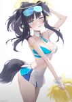  1girl absurdres animal_ears bare_shoulders bei_liou black_hair blue_archive blue_eyes blush breasts cheerleader cleavage crop_top dog_ears dog_girl dog_tail eyewear_on_head goggles goggles_on_head halo hibiki_(blue_archive) hibiki_(cheerleader)_(blue_archive) highres holding long_hair looking_at_viewer navel official_alternate_costume pom_pom_(cheerleading) skirt solo star_sticker sticker_on_arm sticker_on_face tail text_print yellow_halo 