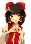  07_nagii 1girl :d bangs bare_shoulders blunt_bangs bow brown_eyes detached_sleeves hair_bow hair_tubes hakurei_reimu hands_up heart heart_hands highres medium_hair open_mouth red_bow simple_background smile solo touhou white_background wide_sleeves 
