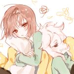  1boy 1other :t animal_ears asriel_dreemurr black_eyes blanket blush bob_cut bright_pupils brown_hair chara_(undertale) closed_mouth commentary goat_boy goat_ears green_sweater hair_between_eyes half-closed_eyes hugging_object looking_ahead looking_at_viewer m0_0_v messy_hair pillow pillow_hug pout red_eyes scribble short_hair sketch sleepy sweater undertale upper_body white_background white_pupils 
