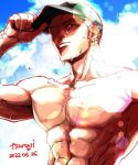  1boy abs baseball_cap dated green_hair hat large_pectorals long_sideburns looking_at_viewer male_focus muscular muscular_male no_nipples nude one_piece pectorals roronoa_zoro short_hair sideburns solo sunlight sweat trg_rak upper_body very_sweaty 