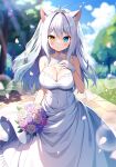  1girl animal_ears blue_eyes blurry blurry_background blush bouquet breasts bridal_veil bride cat_ears cat_girl cleavage closed_mouth dress gloves grey_hair hair_between_eyes heterochromia holding holding_bouquet large_breasts long_hair looking_at_viewer mauve original outdoors petals sleeveless sleeveless_dress smile solo veil wedding_dress white_dress white_gloves yellow_eyes 