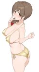  1girl :o absurdres ass bikini braid braided_ponytail breasts brown_hair cleavage commentary_request gold_bikini hair_ornament hair_over_shoulder hair_scrunchie halterneck hands_up highres idolmaster idolmaster_cinderella_girls large_breasts long_hair looking_at_viewer onao red_eyes scrunchie senkawa_chihiro side-tie_bikini_bottom simple_background solo swimsuit white_background 