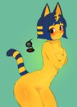  @_@ absurdres animal_crossing animal_ears ankha_(animal_crossing) black_eyes blue_hair blush bob_cut body_fur cat_ears cat_girl cat_tail contrapposto covering_privates cowboy_shot embarrassed english_commentary flat_color furry furry_female green_background hair_ornament highres leaning_to_the_side looking_at_viewer navel niniidawns nude pussy simple_background snake_hair_ornament spoken_blush spoken_squiggle squiggle sweat tail yellow_fur 