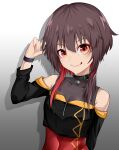  1girl absurdres breasts brown_hair cleavage closed_mouth collar covered_navel hand_up highres kono_subarashii_sekai_ni_shukufuku_wo! looking_at_viewer lyourika megumin red_eyes red_hair short_hair_with_long_locks small_breasts smile solo tongue tongue_out 