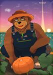  2023 absurd_res anthro bear black_nose brown_body brown_fur clothing detailed_background eyewear food fruit fur glasses hat headgear headwear hi_res humanoid_hands kemono lexer lifewonders male mammal outside overalls overweight overweight_male plant pumpkin solo straw_hat tokyo_afterschool_summoners volos 