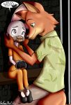  2023 absurd_res anibaruthecat anthro canid canine clothed clothing dialogue digital_media_(artwork) disney duo english_text eyebrows fingers footwear fox gag gagged green_eyes hi_res judy_hopps long_ears mammal nick_wilde shoes sitting smile text zootopia 