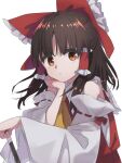  1girl ascot bitan_san black_hair bow brown_eyes closed_mouth commentary detached_sleeves hair_bow hair_tubes hakurei_reimu looking_at_viewer medium_hair red_bow ribbon-trimmed_sleeves ribbon_trim sidelocks simple_background solo touhou upper_body white_background yellow_ascot 