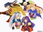  1boy 3girls armor blonde_hair blue_eyes blue_hair blue_scarf breasts cleavage detached_sleeves fingerless_gloves fire_emblem fire_emblem:_radiant_dawn fire_emblem_heroes gloves green_eyes grey_hair headband heather_(fire_emblem) heather_(ninja)_(fire_emblem) highres holding holding_scroll holding_shuriken long_hair micaiah_(fire_emblem) micaiah_(ninja)_(fire_emblem) multiple_girls official_alternate_costume official_alternate_hairstyle one_eye_closed ponytail purple_hair sanaki_kirsch_altina sanaki_kirsch_altina_(ninja) scarf scroll short_hair shuriken siblings sisters smile upper_body weapon white_background yancadoodles yellow_eyes zelgius_(fire_emblem) zelgius_(ninja)_(fire_emblem) 