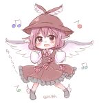  1girl animal_ears beamed_eighth_notes bird_ears bird_wings black_footwear blush brown_dress brown_headwear chibi dress eighth_note frilled_dress frills full_body hair_between_eyes hat long_sleeves music musical_note mystia_lorelei open_mouth pink_eyes pink_hair satorichan shirt shoes short_hair simple_background singing smile solo touhou white_background white_shirt white_wings winged_footwear winged_hat wings 