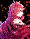  1girl alternate_hairstyle bare_shoulders black_background closed_mouth eyes_visible_through_hair falling_petals floating_hair from_behind hair_ornament hair_stick long_hair looking_at_viewer looking_back off_shoulder okanoyuno petals red_eyes red_hair senningiri sidelocks solo tenka_hyakken 