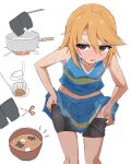  1girl anger_vein bike_shorts blush cheerleader cooking highres idolmaster idolmaster_cinderella_girls idolmaster_cinderella_girls_u149 miso_soup orange_hair pink_eyes shino_(yaruki_nai_yatsu) solo sweat undressing visible_air white_background yuuki_haru 