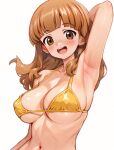  1girl :d arm_behind_head armpits bikini blunt_bangs blush breasts brown_eyes brown_hair covered_nipples girls_und_panzer large_breasts long_hair looking_at_viewer navel open_mouth raised_eyebrows secretter simple_background smile solo swimsuit takebe_saori teeth underboob upper_body upper_teeth_only white_background yellow_bikini 