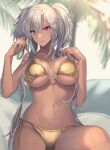  1girl alternate_costume bikini black_nails blurry blurry_background breasts breasts_apart brown_eyes dark-skinned_female dark_skin gold_bikini grey_hair hair_between_eyes hands_up highres kantai_collection kasumi_(skchkko) large_breasts long_hair looking_at_viewer musashi_(kancolle) navel o-ring o-ring_bikini outdoors palm_leaf palm_tree parted_lips semi-rimless_eyewear side-tie_bikini_bottom smile solo sunlight swimsuit tree twintails two_side_up 