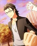  1boy animal_hands black_eyes black_hair black_jacket cat_paws fingernails idolmaster idolmaster_side-m idolmaster_side-m_growing_stars jacket kurono_genbu long_sleeves male_focus official_art open_clothes open_jacket out_of_frame scar scar_on_face scar_on_forehead sky smile tree 
