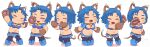  1girl :3 animal_ear_fluff animal_ears animal_hands blue_footwear blue_hair blue_skirt breasts chibi cleavage closed_eyes closed_mouth commentary_request facing_away facing_viewer fang full_body gloves highres jaggy_lines ket_sea medium_breasts medium_hair miniskirt muffin_top multiple_views navel omiya_(louise-louis-lucille) open_mouth outstretched_arms paw_gloves plump shadow short_sleeves simple_background skirt standing tail thick_eyebrows thick_thighs thighhighs thighs waguruma! white_background 