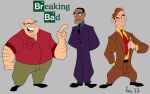  3boys bald better_call_saul breaking_bad breast_pocket business_suit collared_shirt copyright_name copyright_request dated formal glasses grey_background gustavo_fring hank_schrader highres lokocity_art multiple_boys necktie pants pocket saul_goodman shirt signature suit toon_(style) 