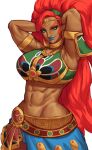  1girl abs absurdres armlet armor arms_behind_head arms_up big_hair blue_lips breastplate breasts circlet dark-skinned_female dark_skin earrings eyeliner gerudo green_eyes highres hoop_earrings jewelry large_breasts lipstick long_hair looking_at_viewer makeup midriff muscular muscular_female pointy_ears pointy_nose red_hair simple_background skirt smile solo sotcho the_legend_of_zelda the_legend_of_zelda:_breath_of_the_wild urbosa very_long_hair white_background 