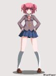  1girl angry artist_name blazer blue_skirt bob_cut bow bowtie brown_footwear brown_jacket closed_mouth collared_shirt doki_doki_literature_club dress_shirt english_commentary frown full_body grey_background hair_ornament hair_ribbon hands_on_own_hips jacket kneehighs loafers long_sleeves looking_at_viewer miniskirt nastpaper natsuki_(doki_doki_literature_club) neck_ribbon pigeon-toed pink_eyes pink_hair pixel_art pleated_skirt red_bow red_bowtie red_ribbon ribbon school_uniform shaded_face shadow shirt shoes short_hair signature simple_background skirt socks solo spread_legs standing straight-on swept_bangs twitter_username two_side_up v-shaped_eyebrows white_shirt white_socks x_hair_ornament 